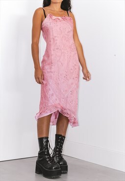 Vintage 90s Paisley Print Slip Midi Dress In Glossy Pink