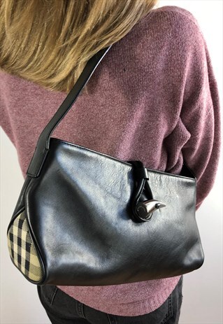 WOMENS BURBERRY HANDBAG BLACK LEATHER NOVA CHECK BAG