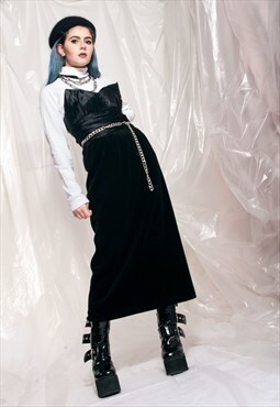 Vintage Prom Dress 80s Glam Velvet Party Midi in Black
