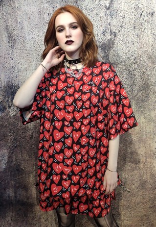 HEART PRINT TEE HANDMADE EDGY LOVE EMOJI T-SHIRT RED