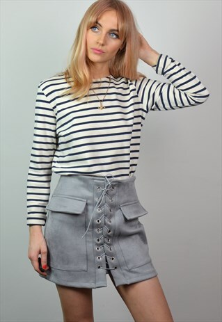 VINTAGE 90S LIGHT BLUE SUEDE LACE UP MINI SKIRT