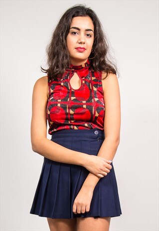 90'S VINTAGE RED PATTERNED CHOKER NECK GLITTER TOP
