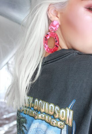 STATEMENT OVERSIZED RED ACRYLIC DANGLE HOOPS EARRINGS