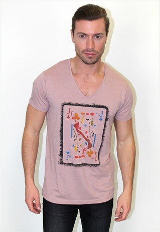 PINK V-NECK JACK OF CLUBS PRINT SLIM FIT T-SHIRT
