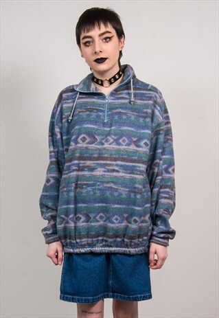 VINTAGE 90'S BLUE PATTERNED FLEECE QUARTER ZIP JUMPER