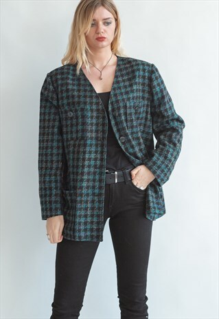 VINTAGE 80S MINIMAL CHECKERED BLAZER WITH POCKETS