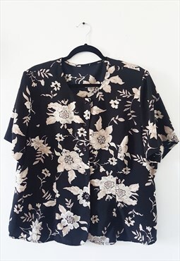 Vintage Black Floral Print Camp Short Sleeve Shirts Size L