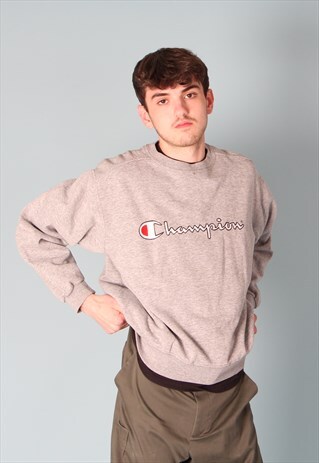 CHAMPION GREY SPELLOUT CREW NECK SWEATSHIRT