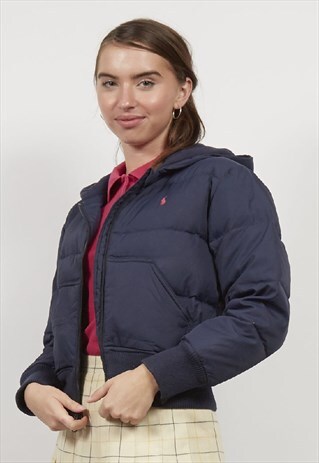 VINTAGE 90'S RALPH LAUREN NAVY HOODED CROP PUFFER JACKET