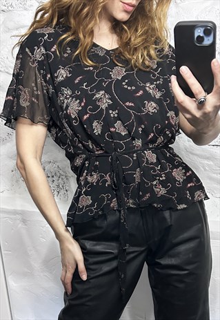 90S BEAUTIFUL FEMININE BLACK FLORAL TIE WAIST BLOUSE - XL - 