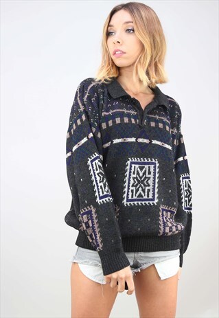 VINTAGE OVERSIZED 1/4 BUTTON PATTERNED JUMPER