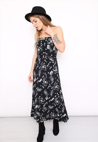 VINTAGE 90S BLACK FLORAL STRAPLESS MIDI DRESS