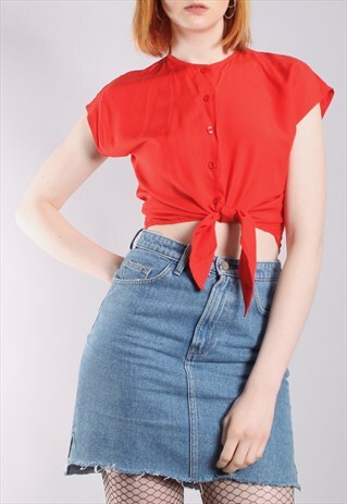 VINTAGE 70S RED BUTTON RUCHE BACK TIE UP CROP TOP