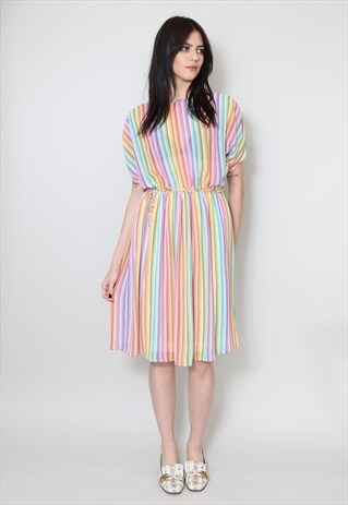 70'S VINTAGE LADIES DRESS MULTI STRIPE MULTI COLOURED
