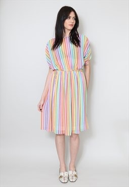 70's Vintage Short Sleeve Multi Coloured Stripe Ladies Dress