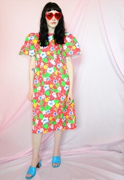 Vintage 90's Puff Sleeve Hawaiian Print Dress