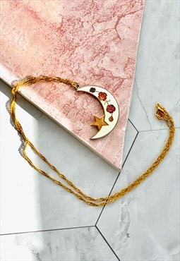 80s White Moon Necklace Floral Pendant Vintage Jewellery