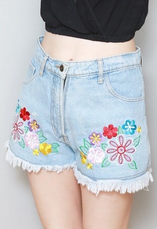 VINTAGE 1990'S LIGHT BLUE DENIM EMBROIDERED SHORTS