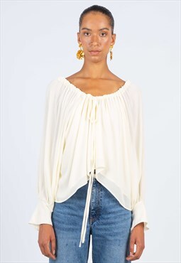 Gathered cream blouse with long sleeves & gatheres neckline