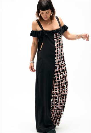WIDE LEG DUNGAREES IN HALF N HALF CHECK PRINT & PLAIN BLACK