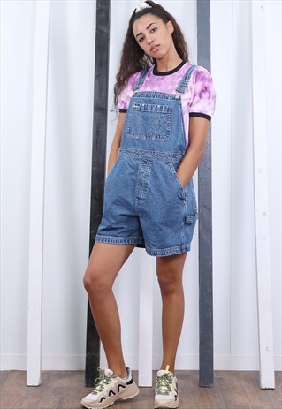 VINTAGE MID BLUE DENIM SHORT DUNGAREES 90S OVERALLS.
