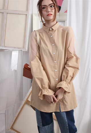 (KOREAN) SHIRRED CUFFS SHIRT WITH MESH INSERTS 0