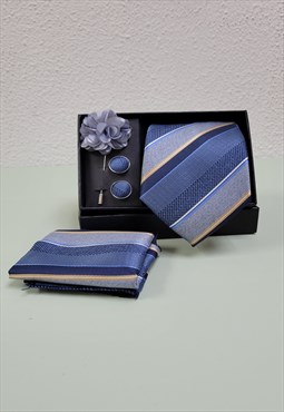 Blue Woven Handkerchief Men Necktie and Lapel Pin Brooch Set