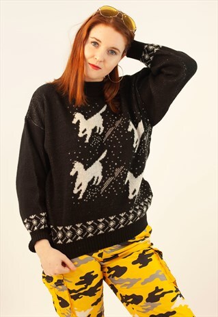 VINTAGE 80S JUMPER BLACK WHITE HORSE GRAPHIC PRINT FAIR ISLE