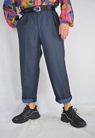 VINTAGE DARK BLUE STRIPED CLASSIC STRAIGHT SUIT TROUSERS