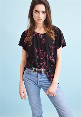 90'S RETRO FLORAL PRINT KITSCH SHIMMER OVERSIZED TOP BLOUSE