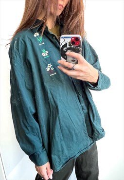 Country Style Embroidered Green Cotton Shirt Blouse XL