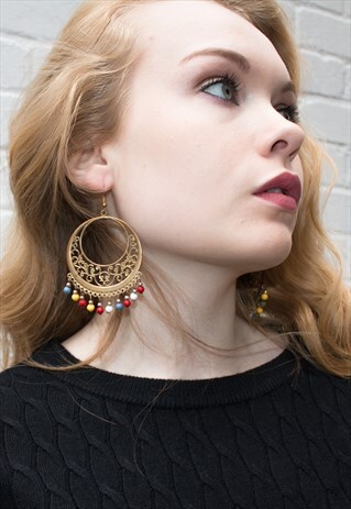 HANDMADE GOLD & MULTICOLOUR BEADS HOOP FILIGREE EARRINGS
