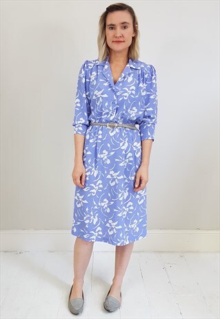 VINTAGE 90'S POWDER BLUE AND WHITE FLORAL DAY DRESS