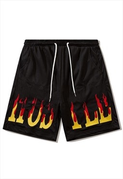 Flame patch sport shorts hustle slogan crop skater pants