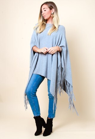 TASSEL FRINGE PONCHO - GREY
