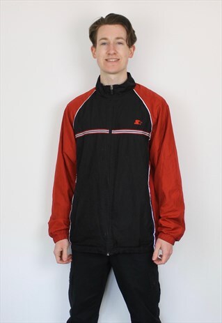 VINTAGE STARTER WINDBREAKER JACKET IN BLACK AND RED
