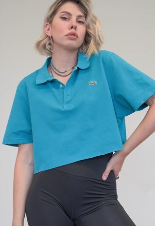 VINTAGE REWORKED LACOSTE CROP TOP POLO SHIRT IN BLUE