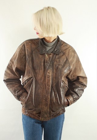 VINTAGE 80' AMAZING BROWN UNISEX LEATHER JACKET