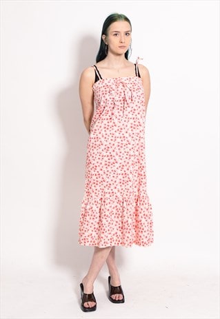 VINTAGE 90S FLORAL PRINT SUMMER MIDI DRESS IN WHITE / RED