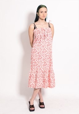 Vintage 90s floral print summer midi dress in white / red