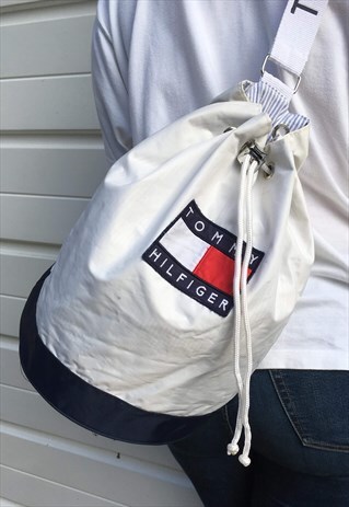 MENS VINTAGE TOMMY HILFIGER BAG WHITE BLUE DUFFLE RUCKSACK