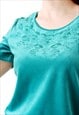 EMBROIDERED VINTAGE TOP 90S VELVET T-SHIRT COTTAGECORE GREEN