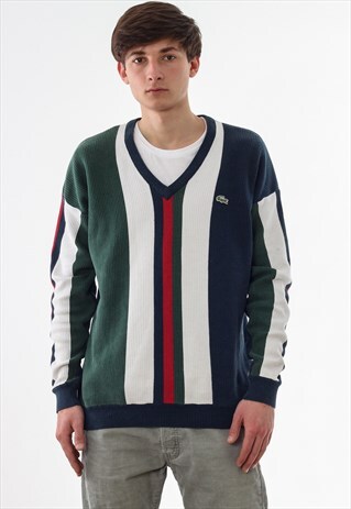 VINTAGE LACOSTE SWEATER V-NECK 90S BLUE GREEN WHITE KNITTED