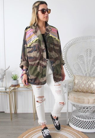 VINTAGE KHAKI JACKET MILITARY ETHNIC EMBROIDERY