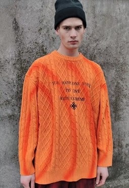 Rubber slogan knitted distressed sweater tie-dye top orange
