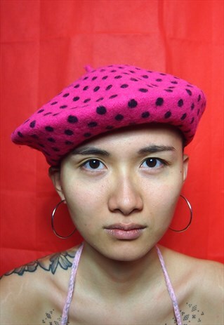 PINK WOOL BLACK POLKA DOT BERET