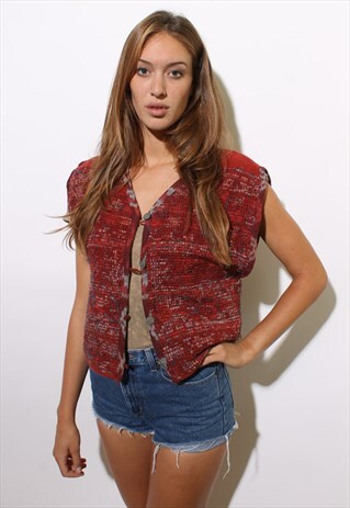 VINTAGE 1970'S 70'S SHAGGY FRINGE RED TEXTILE VEST GILET M-L