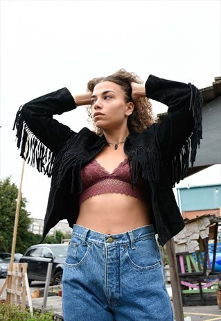 BEAUTIFUL VINTAGE BLACK LEATHER SUEDE CROPPED TASSEL JACKET