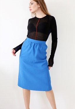 Blue 90s Midi Skirt High Waist Tailored Vintage Pencil Skirt