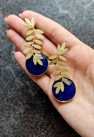 BRASS DULL MATT GOLD BLUE SAPPHIRE FAUX GEMSTONE EARRING